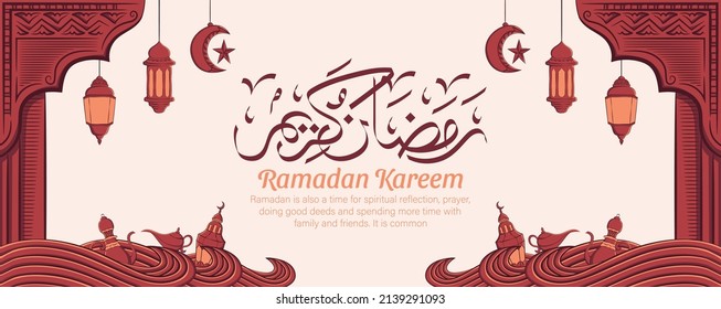 Ramadan kareem banner with hand drawn islamic illustration ornament on white background. Vector Illustration