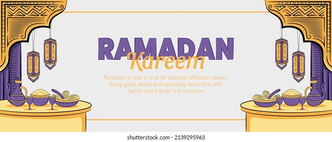 Ramadan kareem banner with hand drawn islamic illustration ornament on white background. Vector Illustration