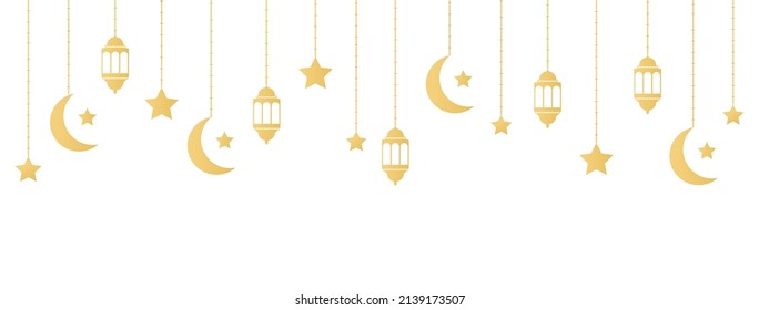 Ramadan Kareem banner with hanging gold icons. Golden lantern, crescent, star, lamp. Arabian celebration design element. Islam decoration. Greeting garland. Muslim festival. Vector illustration.