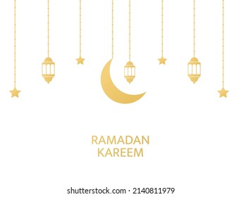 Ramadan Kareem banner with hanging gold icons. Golden lantern, crescent, star, lamp. Muslim festival. Arabian celebration design element. Greeting garland. Islam decoration. Vector illustration.