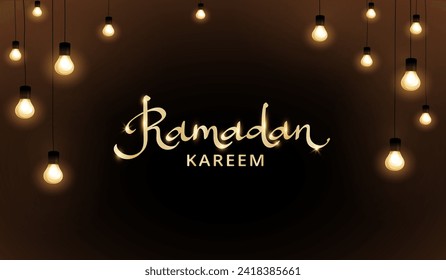 Ramadan Kareem banner with hanging light bulbs decoration. Muslim holidays garland, festive frame. Islamic background. Ramadan calligraphy in arabic style. Vector.