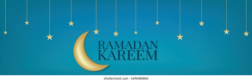 Ramadan Kareem banner or header. Arabic religious holiday concept. Hanging golden moon and stars over blue background. Vector illustration with lettering.