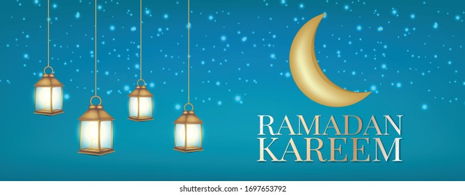 Ramadan Kareem banner or header. Arabic religious holiday concept. Hanging golden lantern and moon over blue background. Vector illustration with lettering.