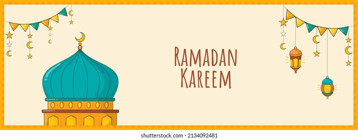 Ramadan Kareem Banner Or Header Design With Mosque, Lanterns, Crescent Moon, Stars Hang And Bunting Flag Decorated Background.