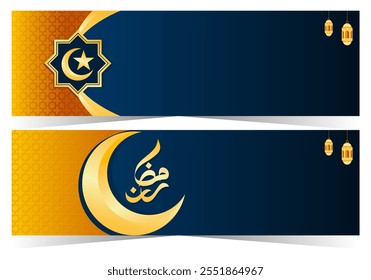 Ramadan kareem banner. illustration with arabic golden lantern and glowing sparkling