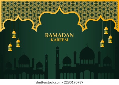 ramadan kareem banner illustration luxury shiny islamic ornament, mosque and abstract gradient green background design