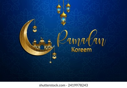 ramadan kareem banner with islamic ornament gradient blue background design 1