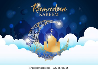 Ramadan Kareem Banner with Islamic Patterns and Lanterns illustration