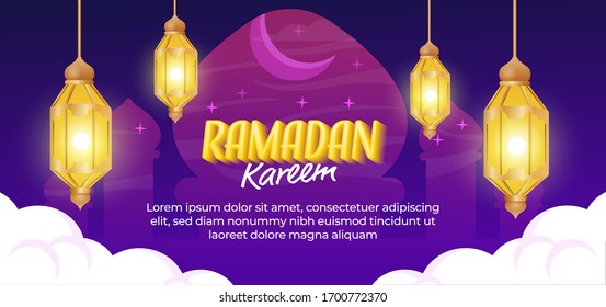 Ramadan kareem banner with lanters and dark background, card for muslim feast of the holy of ramadan month.