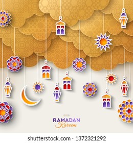 Ramadan Kareem Banner with Moon, Clouds and 3d Paper cut Islamic Stars on Gold Background. Vector illustration. Traditional Lanterns and Place for your Text.