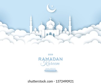 Ramadan Kareem Banner with Moon, Clouds and 3d Paper cut Sheikh Zayed Grand Mosque. Vector illustration. Place for your Text.