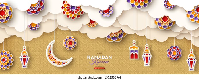 Ramadan Kareem Banner with Moon, Clouds and 3d Paper cut Islamic Stars on Gold Background. Vector illustration. Traditional Lanterns and Place for your Text.