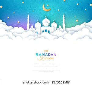 Ramadan Kareem Banner with Moon, Clouds and 3d Paper cut Sheikh Zayed Grand Mosque. Vector illustration. Place for your Text.