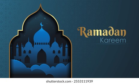 Banner kareem Ramadã. Mesquita com crescente. Feriado e festival tradicional islâmico. Tradições orientais e religião. Fé e crença. Mês Santo. Ilustração de vetor realista