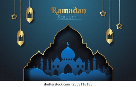 Ramadan kareem banner. Mosque with crescent. Lantern and stars. Islamic traditional holiday and festival. Oriental traditions and religion. Graphic element for website. Realistic vector illustration