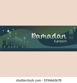 
Ramadan Kareem banner with mosque and lanterns. green color theme