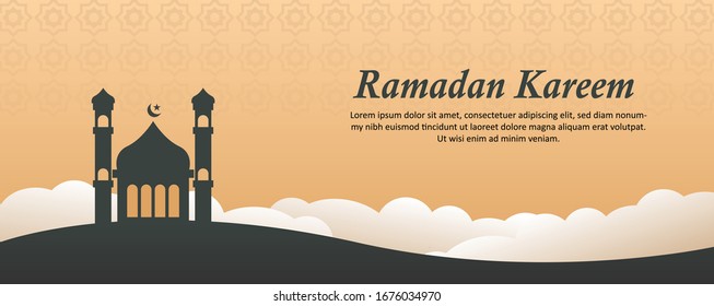 Ramadan kareem banner with mosque on sunset color background