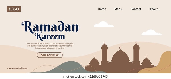 Cartel Ramadan Kareem con iluminación vectorial de mezquita - Vector EPS 10