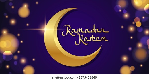 Ramadan Kareem banner. Muslim holy month greetings. Gold crescent moon. Hand lettering and blurred bokeh lights. Vector illustration.