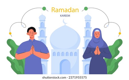 Ramadan Kareem banner. Muslim man and woman in hijab near mosque. Islamic traditions, culture and religion. Graphic element for website. Building with crescent. Cartoon flat vector illustration