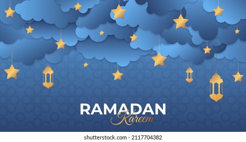 Ramadan Kareem Banner. Ramadan kareem muslim religion holy month flat banner copy space vector illustration