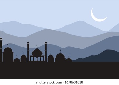 Ramadan Kareem Banner with night silhouette, mosque, and moon. Vector illustration. Islamic background template.