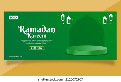 Ramadan Kareem Banner with Podium. Green Background. Good Used for Landing Page, Header Social Media, Etc - EPS 10 Vector