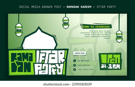 Ramadan kareem. Banner post template with lantern and typography design for ramadan iftar party. Ramadan iftar party background design
