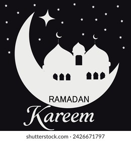 Ramadan Kareem banner, poster, card, holiday cover. Modern art design with pattern of beautiful arabian old ancient city against the backdrop of a bright big crescent moon and stars
