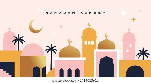 Ramadan Kareem banner, poster, greeting card, cover design with mosque, crescent moon and typography in flat geometric style.