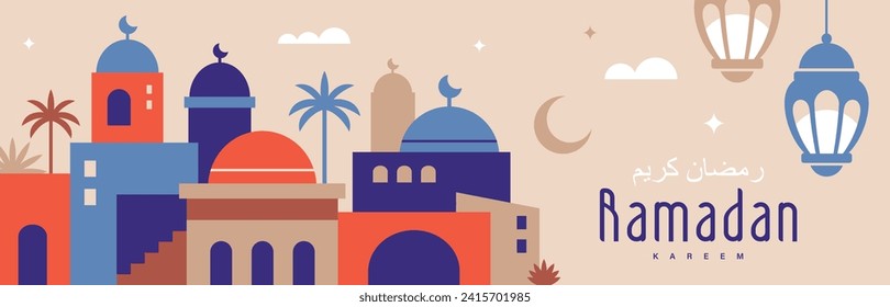 Ramadan Kareem banner, poster, greeting card, cover design with mosque, crescent moon, lantern and typography in flat geometric style.