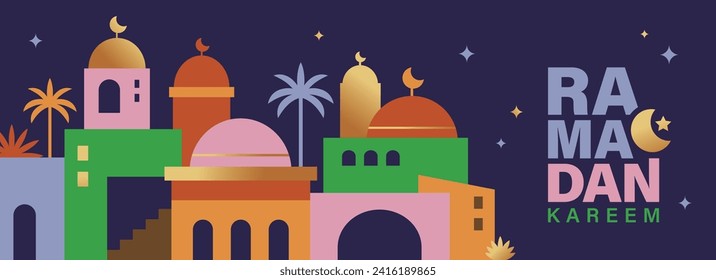 Ramadan Kareem banner, poster, greeting card, cover design with mosque, crescent moon and typography in flat geometric style.