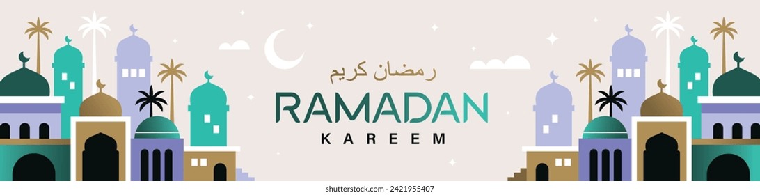 Ramadan Kareem banner, poster, greeting card, cover design with mosque, crescent moon and typography in flat geometric style. Translation: Ramadan Kareem