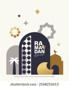 Ramadan Kareem banner, poster, greeting card, cover design with mosque, crescent moon, stars and typography in flat geometric style.