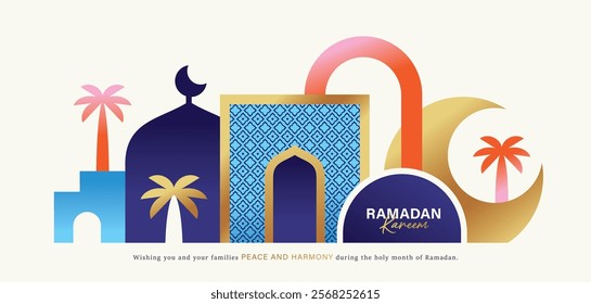 Ramadan Kareem banner, poster, greeting card, cover design with mosque, crescent moon, stars and typography in flat geometric style.