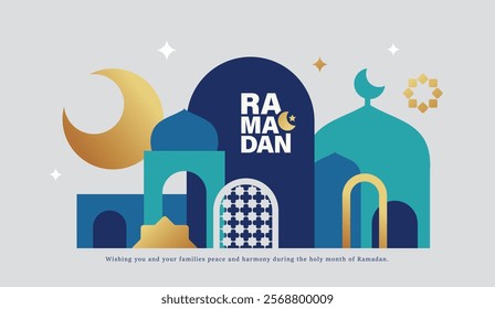 Ramadan Kareem banner, poster, greeting card, cover design with mosque, crescent moon, stars and typography in flat geometric style.