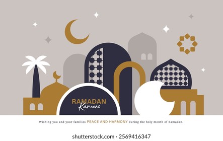 Ramadan Kareem banner, poster, greeting card, cover design with mosque, crescent moon, stars and typography in flat geometric style.