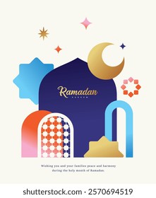 Ramadan Kareem banner, poster, greeting card, cover design with mosque, crescent moon, stars and typography in flat geometric style.