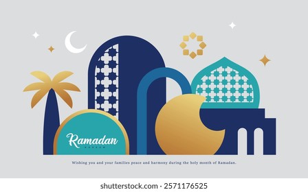 Ramadan Kareem banner, poster, greeting card, cover design with mosque, crescent moon, stars and typography in flat geometric style.