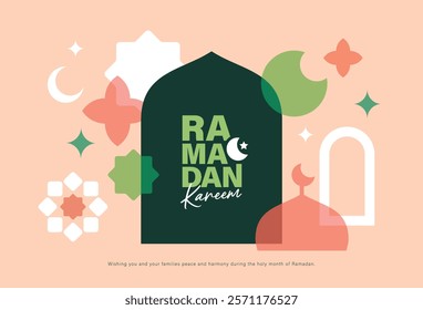 Ramadan Kareem banner, poster, greeting card, cover design with mosque, crescent moon, stars and typography in flat geometric style.