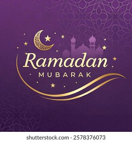 Ramadan Kareem banner, poster, greeting card, cover design with mosque, crescent moon, pattern and typography in flat geometric style.