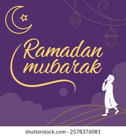 Ramadan Kareem banner, poster, greeting card, cover design with mosque, crescent moon, pattern and typography in flat geometric style.