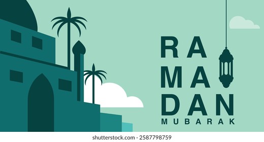 Ramadan Kareem banner, poster, greeting card, cover design with mosque, lantern and typography in flat geometric style