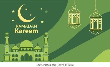 Ramadan Kareem banner, poster, greeting card, cover design with mosque, crescent moon, lantern and typography in flat geometric style.
