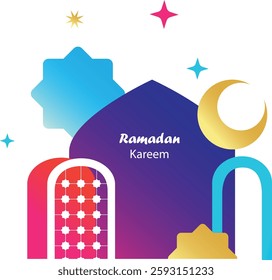 Ramadan Kareem banner, poster, greeting card, cover design with mosque, crescent moon, stars and typography in flat geometric style.
