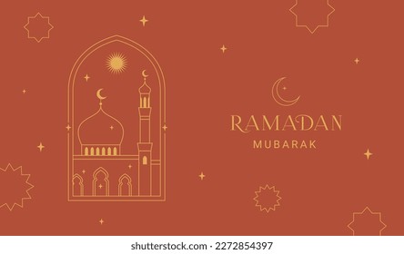 Ramadan Kareem banner, poster, holiday cover. Islamic greeting card, social media template. Modern beautiful design in geometric minimal style. Terracotta colors.