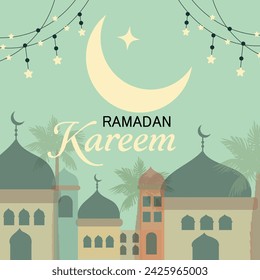 Banner de Ramadan Kareem, plantilla de portada de vacaciones. Diseño de arte moderno en colores pastel con el patrón de la antigua ciudad árabe hermosa en el fondo de una luna creciente brillante y estrellas