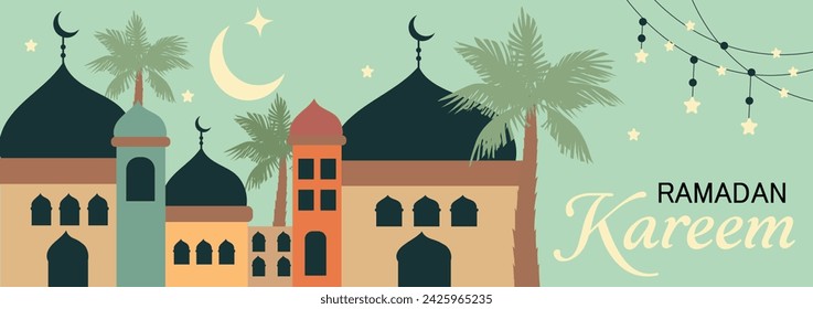 Banner de Ramadan Kareem, plantilla de portada de vacaciones. Diseño de arte moderno en colores pastel con el patrón de la antigua ciudad árabe hermosa en el fondo de una luna creciente brillante y estrellas