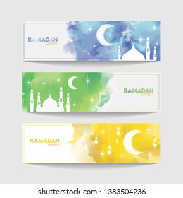 Ramadan Kareem Banner Set. Colorful Watercolor Cloud Ramadan Celebration Banner, Vector Illustration for greeting card, poster and voucher.