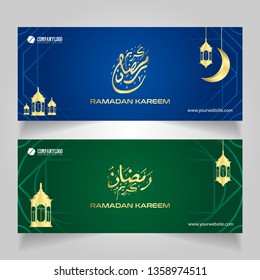 Ramadan kareem banner set with lantern and moon. islamic celebration design concept with arabic golden calligraphy.